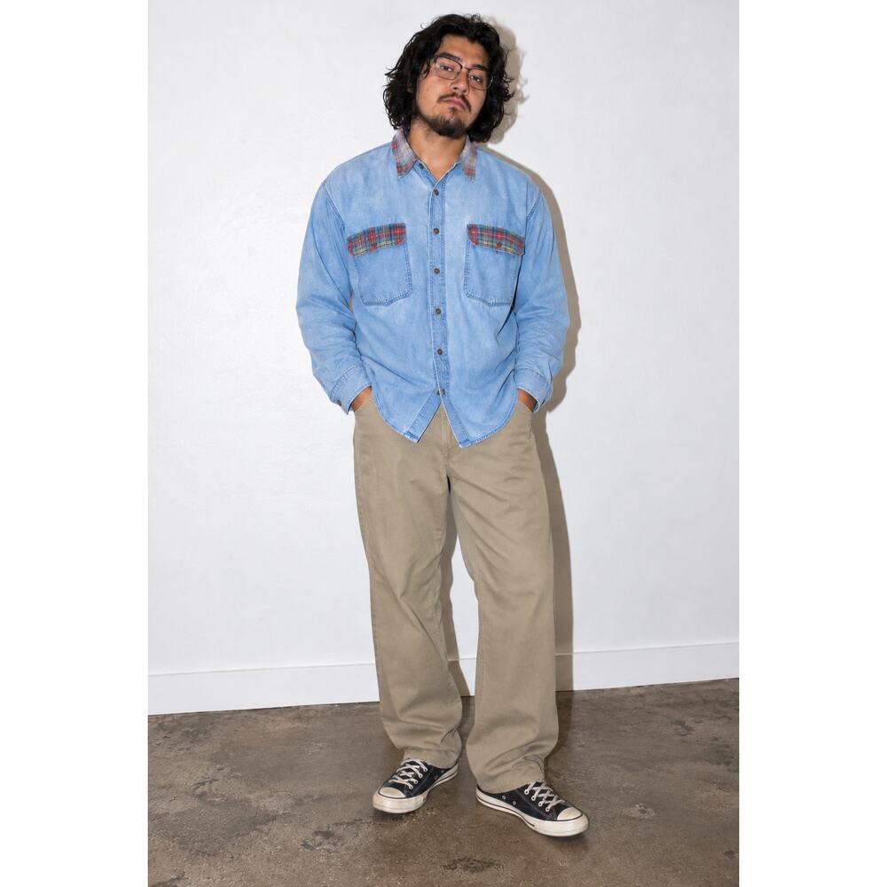 Vintage 90s Men's Denim Button-Up Shirt, Plaid Trim Longsleeve Grunge Preppy Med